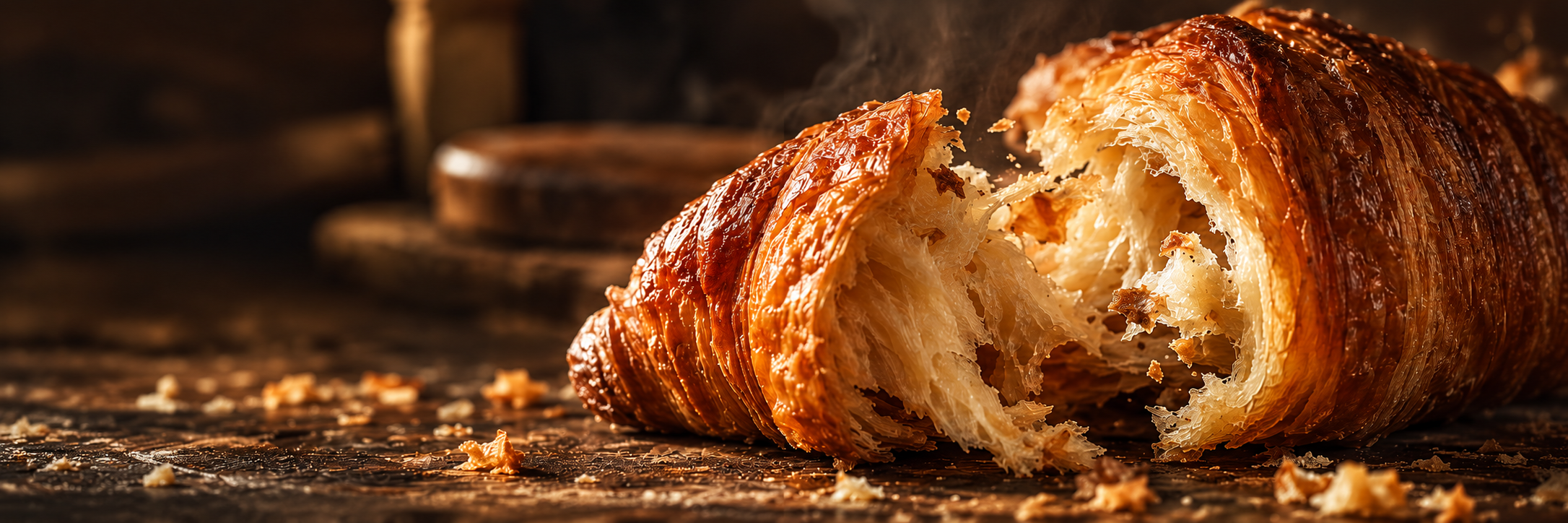 Golden flaky croissant on a bakery counter