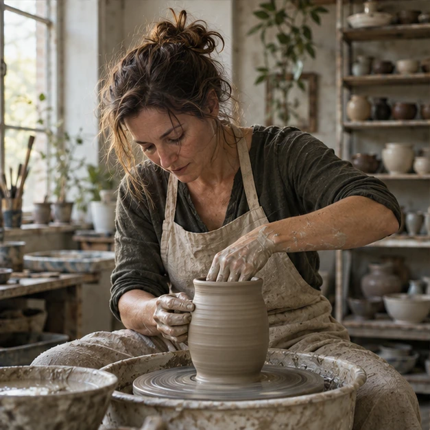 Illustrative adult ceramic maker shaping a vessel in a studio