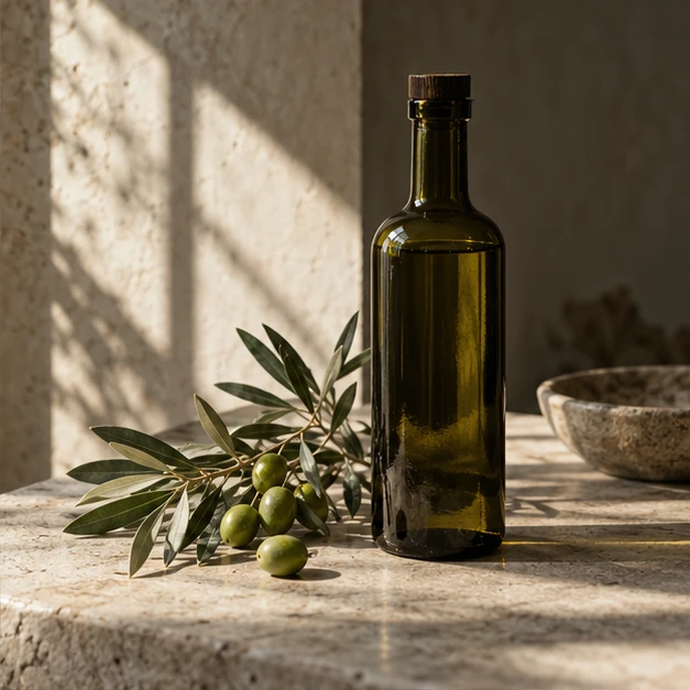 Illustrative still life of an olive bottle and branch in window light