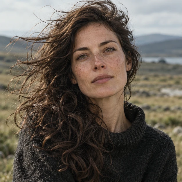 Illustrative portrait of an adult woman with windblown hair outdoors