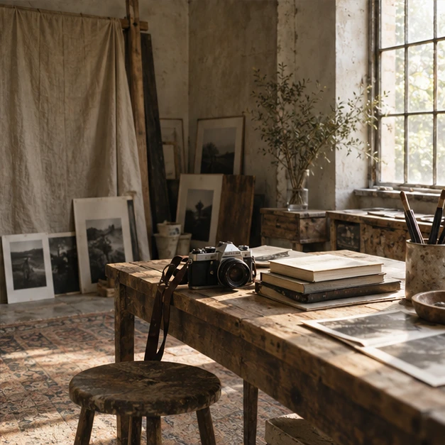 Illustrative sunlit creative studio with books, a camera and materials