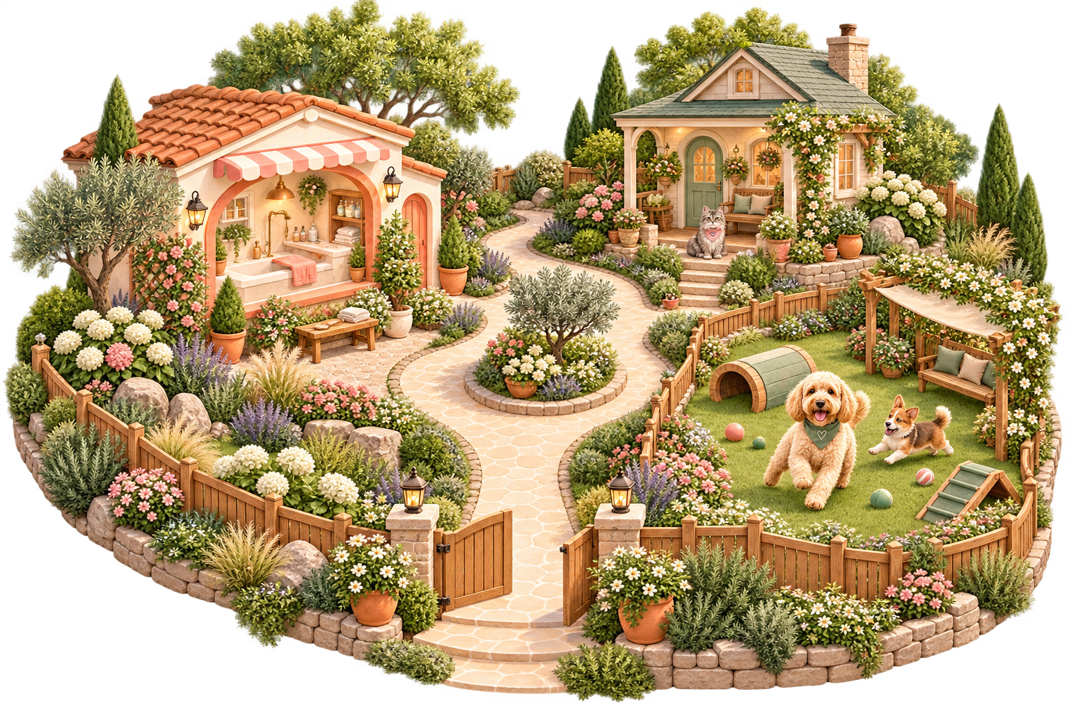 An illustrated pet-care garden with a grooming studio on the left, a quiet home-visit cottage at the back, and a fenced daycare lawn with friendly dogs on the right