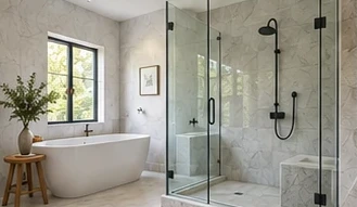 Illustrative pale-stone bathroom with a glass shower