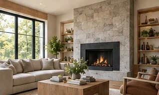 Illustrative living room with a stone fireplace