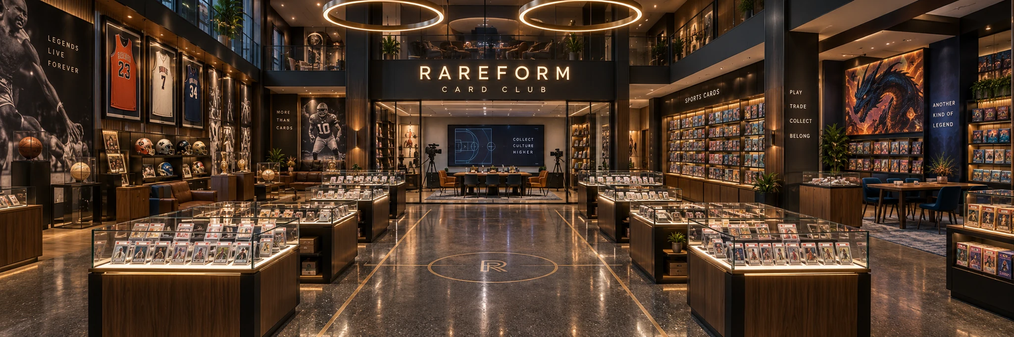 Illustrative Rareform collector room with warm display cases and a gathering table